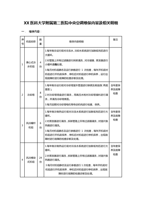 XX医科大学附属第二医院中央空调维保内容及相关明细