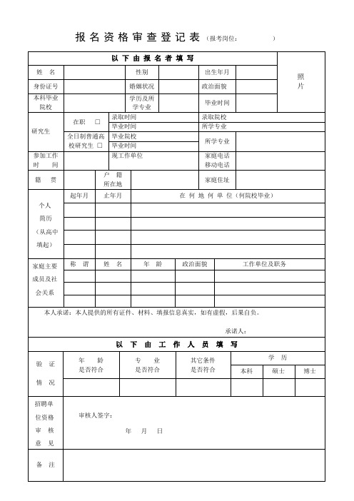 报名资格审查登记表(报考岗位