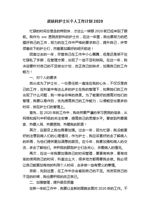 皮肤科护士长个人工作计划2020