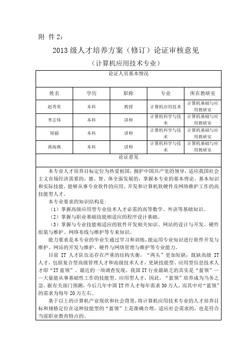 2103人才培养方案论证审核意见表计算机应用技术专业