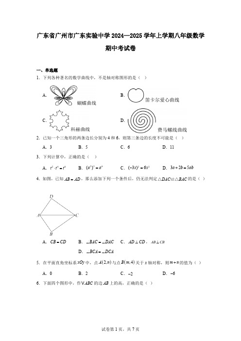 广东省广州市广东实验中学2024—2025学年上学期八年级数学期中考试卷