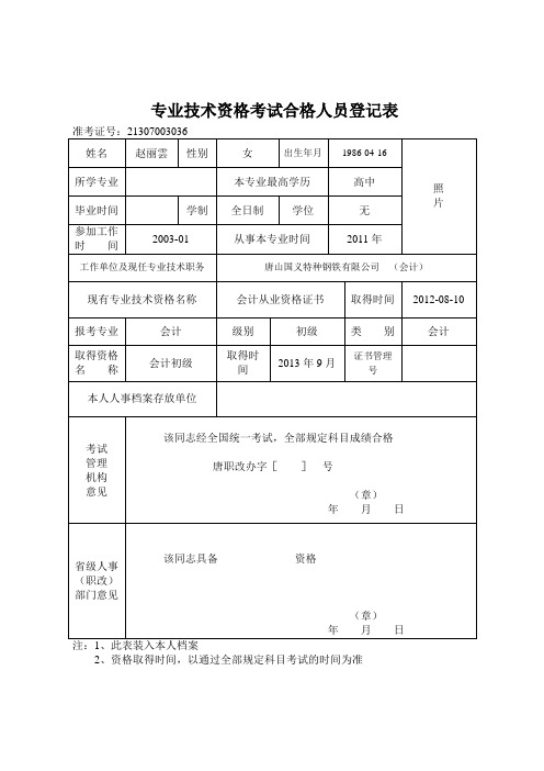 专业技术资格考试合格人员登记表