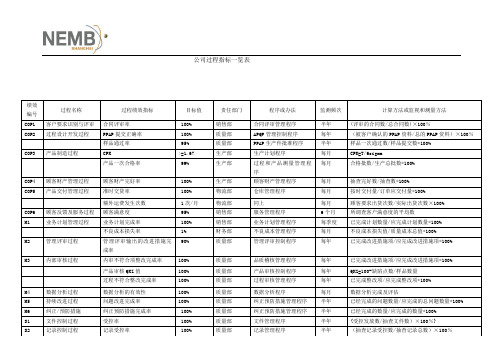 公司过程指标一览表