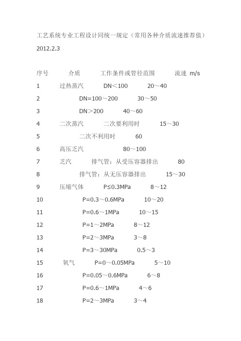 工艺系统常用各种介质流速推荐值