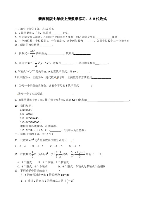 新苏科版七年级上册数学练习：3.2代数式