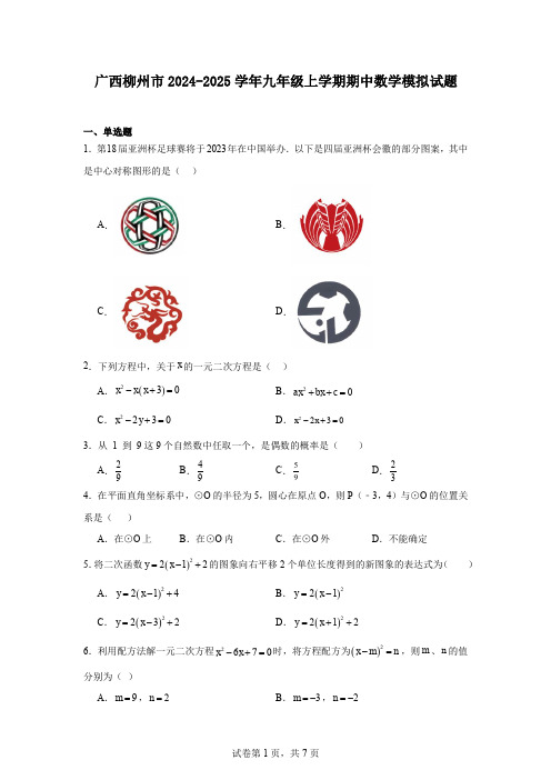 广西柳州市2024-2025学年九年级上学期期中数学模拟试题