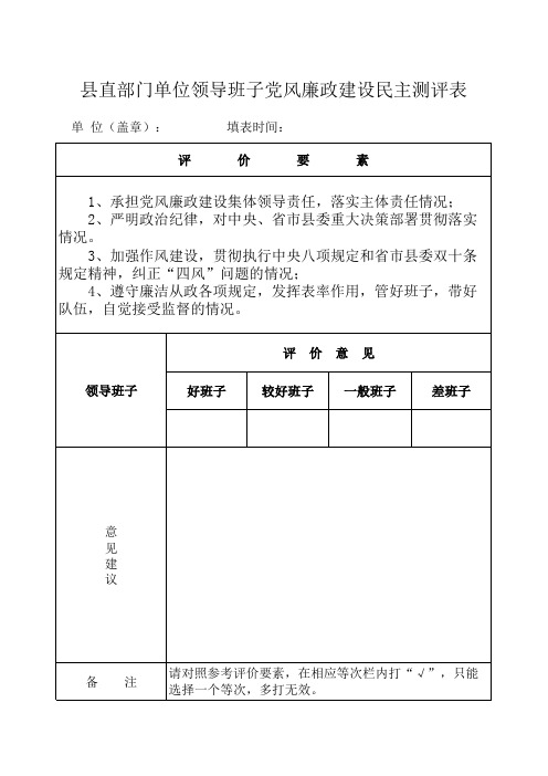 2014年度县直部门单位领导班子党风廉政建设民主测评表(表一)