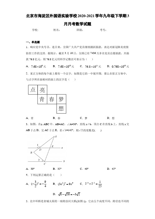 北京市海淀区外国语实验学校2020-2021学年九年级下学期3月月考数学试题