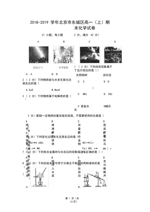 2018-2019学年北京市东城区高一(上)期末化学试卷