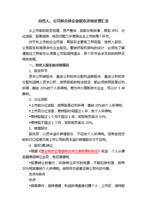 自然人、公司和合伙企业股东涉税处理汇总