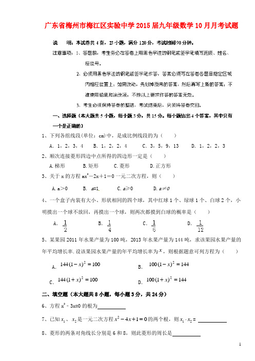 广东省梅州市梅江区实验中学九年级数学10月月考试题