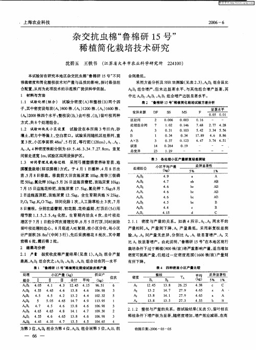 杂交抗虫棉“鲁棉研15号”稀植简化栽培技术研究