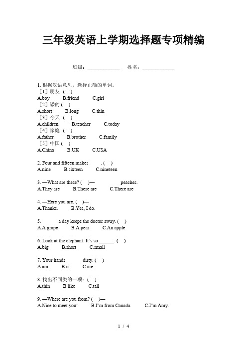 三年级英语上学期选择题专项精编