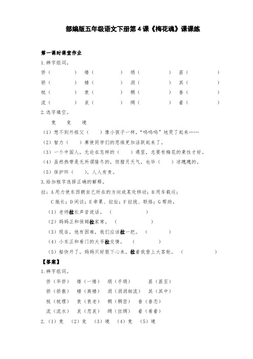 新部编版五年级语文下册第4课《梅花魂》课课练及答案