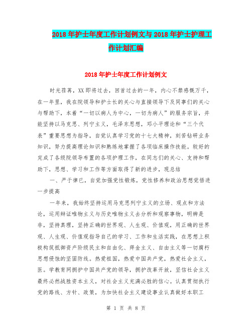 2018年护士年度工作计划例文与2018年护士护理工作计划汇编.doc
