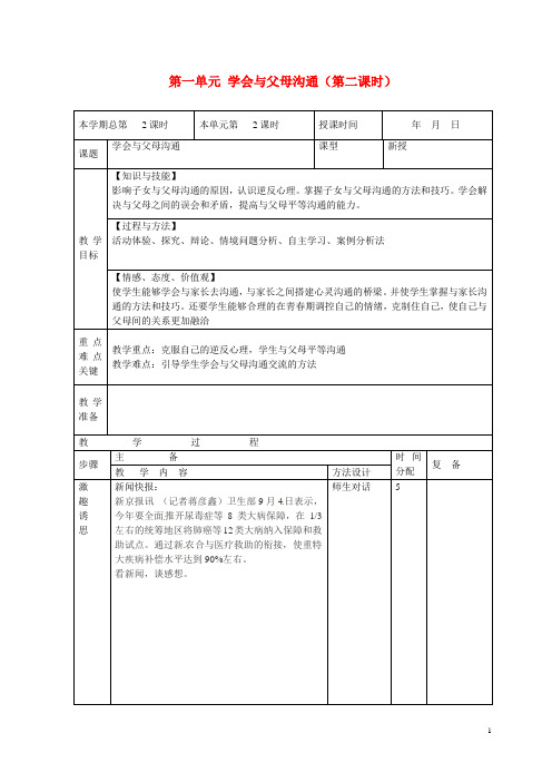 鲁教版思想品德八年级政治上册 第一单元 学会与父母沟通(第二课时)教案 鲁教版