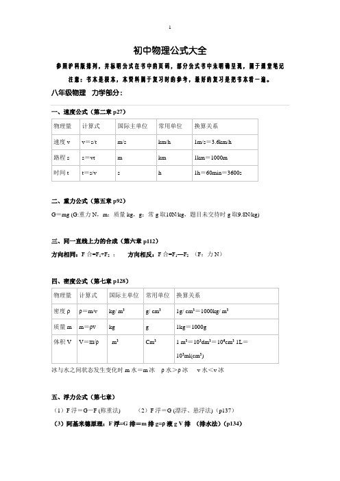 初中物理公式大全(沪科版)