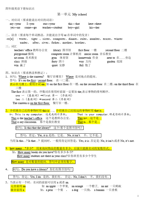 (完整版)人教版四年级英语下册知识点总结