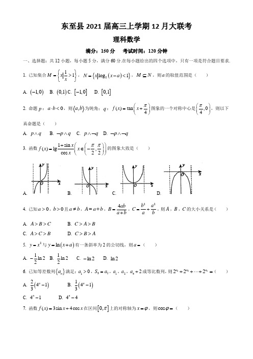 2021届安徽省池州市东至县高三上学期12月大联考数学(理)试题及答案