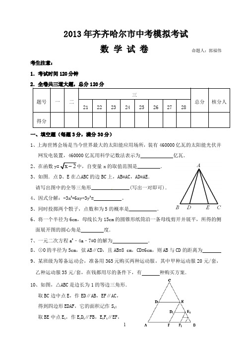 2013年齐齐哈尔市中考模拟考试数学试卷