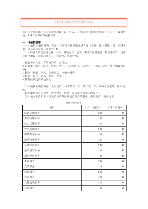 4月1后增值税税率和征收率表