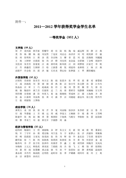 安庆师范学院2011—2012学年学生评奖评优结果