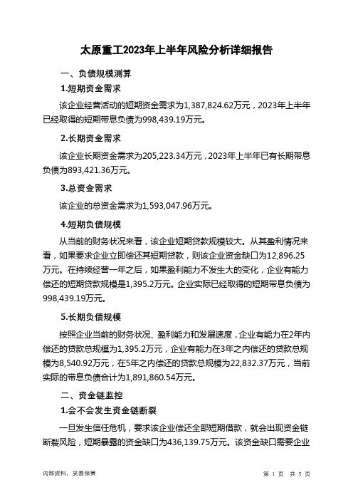 600169太原重工2023年上半年财务风险分析详细报告