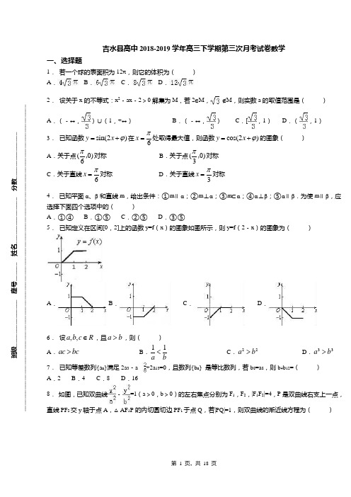 吉水县高中2018-2019学年高三下学期第三次月考试卷数学