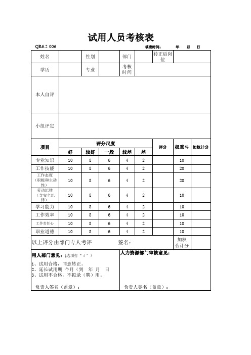 转正考核表(大学生试用)