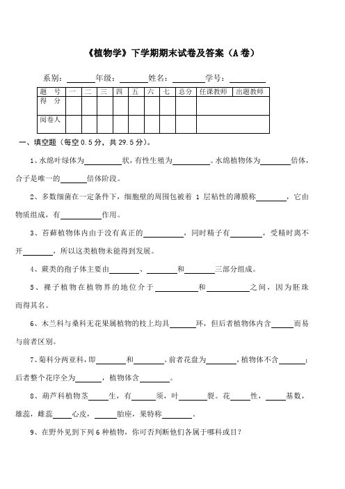 《植物学》下学期期末试卷及答案卷