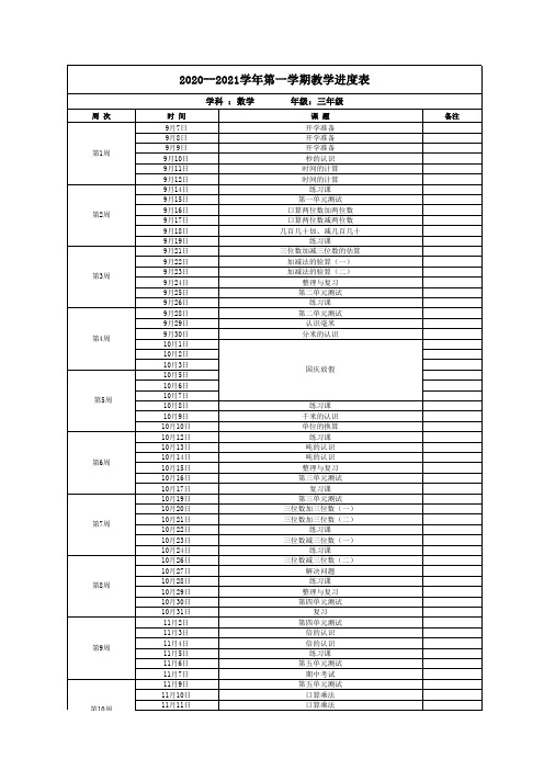 3年级数学上册教学进度表