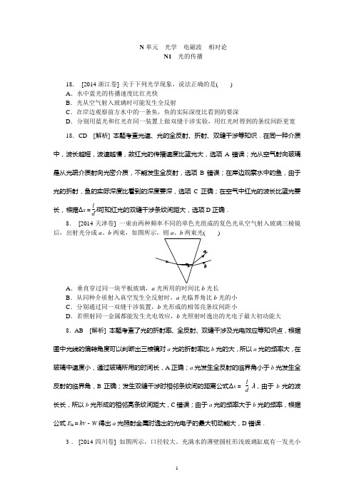 2014年高考物理真题解析分类汇编：N单元 光学