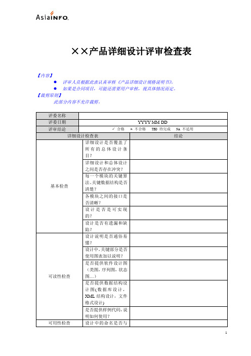 产品详细设计评审检查表-模板