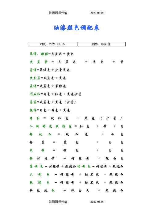 油漆颜色调配表之欧阳理创编