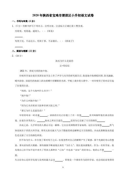 2020年陕西省宝鸡市渭滨区小升初语文试卷(含解析)印刷版