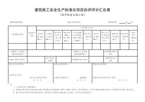 建筑施工安全生产标准化项目自评评分汇总表(城市轨道交通工程)