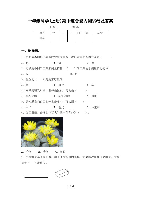 一年级科学(上册)期中综合能力测试卷及答案