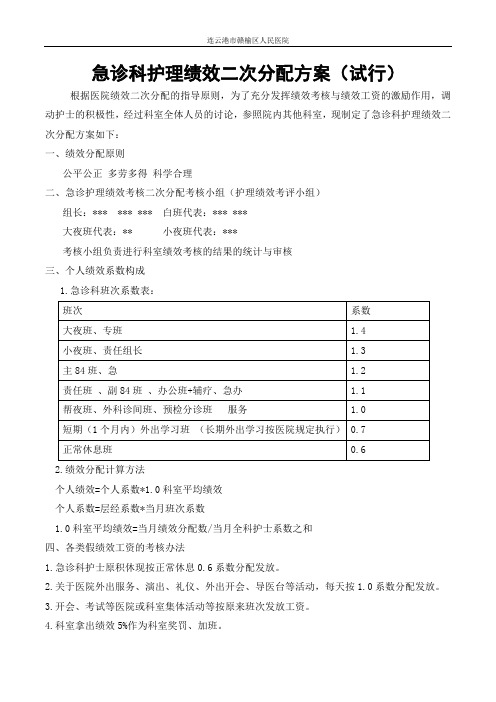 急诊科绩效二次分配方案