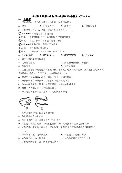 八年级上册期中生物期中模拟试卷(带答案)-百度文库