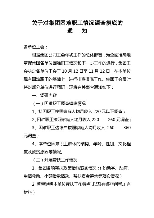 关于对集团困难职工情况调查摸底的通知