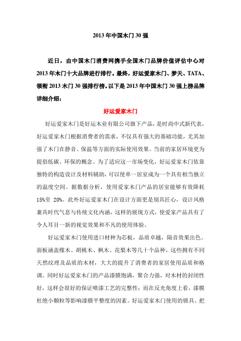 2013年中国木门30强