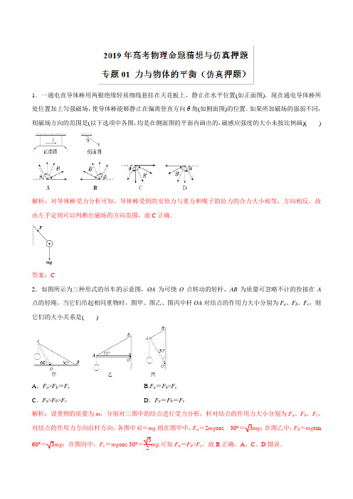 【推荐】专题01+力与物体的平衡(仿真押题)-2019年高考物理命题猜想与仿真押题