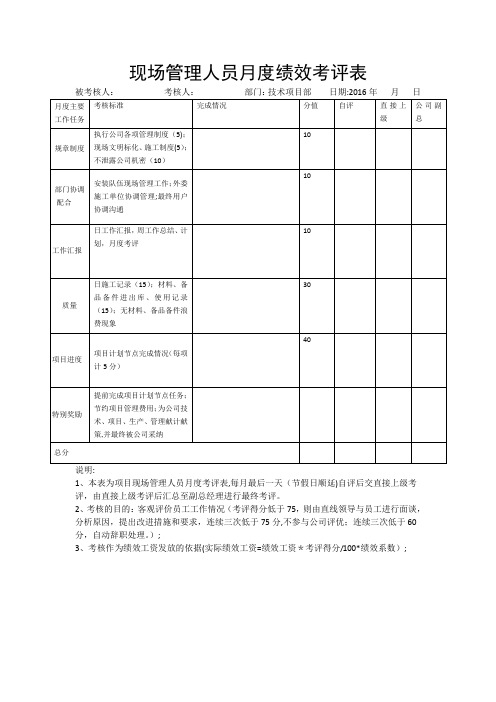 现场管理人员绩效考核表