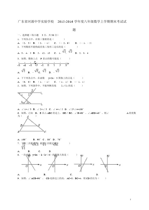 广东省河源中学实验学校2015-2016学年度八年级数学上学期期末考试试题(含解析)新人教版