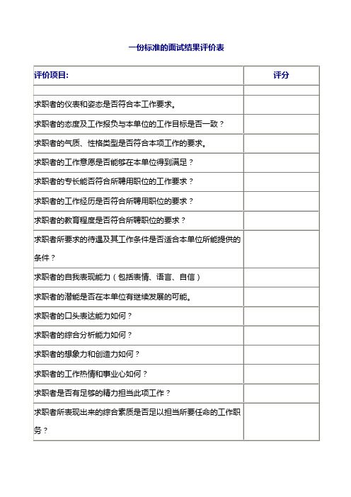 一份标准的面试结果评价表格式