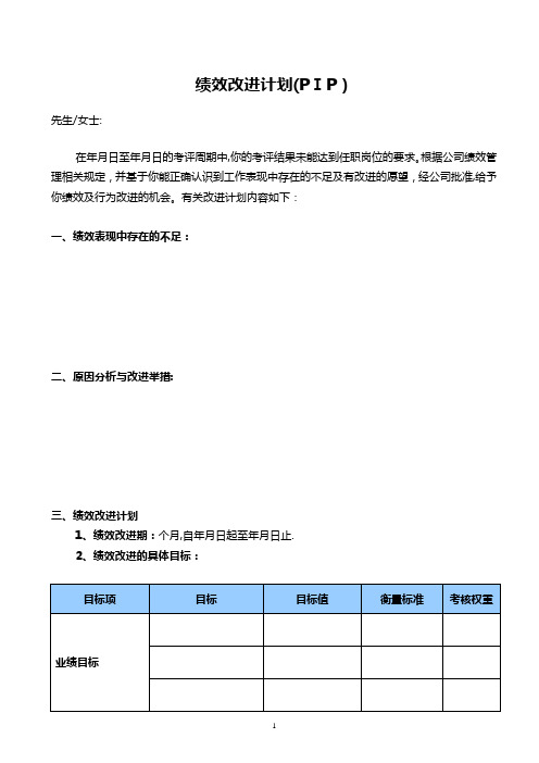 绩效改进计划表(PIP)【可编辑范本】