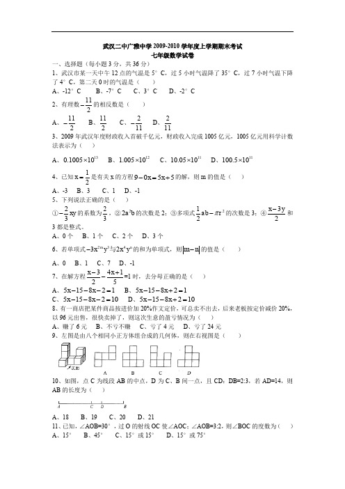 武汉二中广雅中学2009学年度上学期期末考试数学