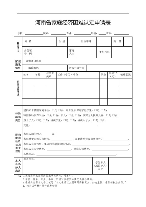 河南省家庭经济困难学生认定申请表(2020版)