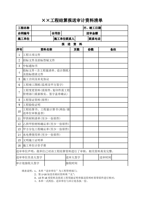 工程结算送审资料清单 