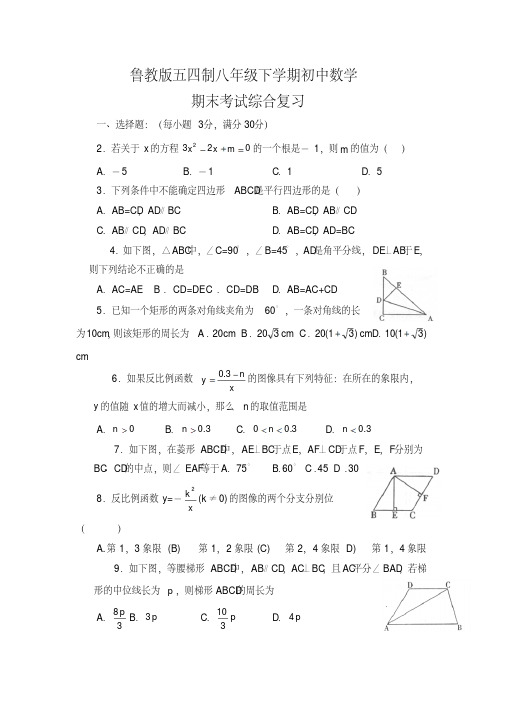 鲁教版五四制八年级下学期初中数学期末考试综合复习